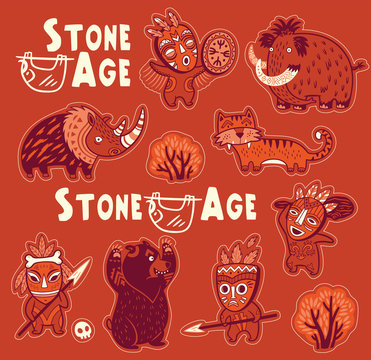 Vector sticker set of prehistoric animals and people in masks © penguin_house