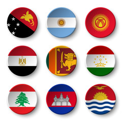 Set of world flags round badges ( Papua New Guinea . Argentina . Kyrgyzstan . Egypt . Sri Lanka. Tajikistan . Lebanon . Cambodia . Kiribati