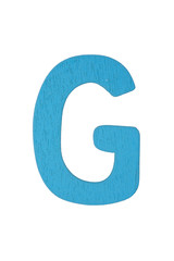 Blue wooden letter G isolated on white background with clipping path.