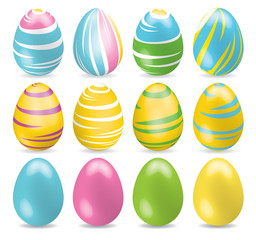 Bright multicolored and one colored Easter Eggs. Set of different Easter eggs with shadow on white background