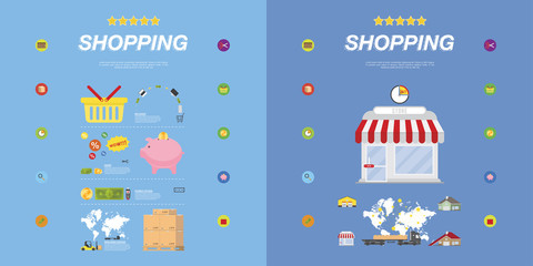 Set of elements on the subject of buying and selling. Market and icons Flat vector illustrations on the theme of shopping.