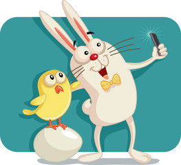 Obraz premium Happy Easter Bunny and Chick Taking a Selfie Together