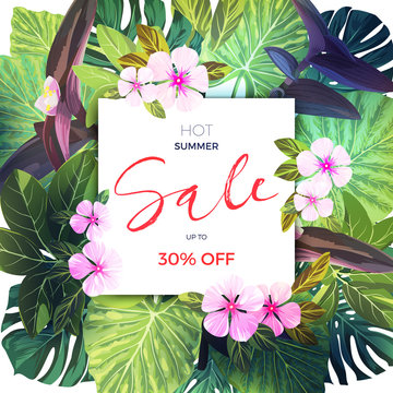 Summer tropical sale banner with exotic pink and purple flowers. Jungle vector floral template.
