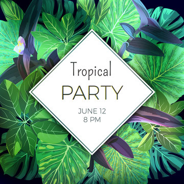 Green botanical summer tropical design with palm leaves and exotic purple flowers. Vector floral template.