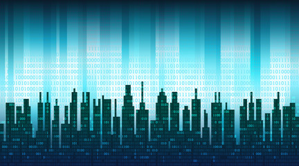 The digital city. Binary data in the cloud over an abstract skyline, blue high-tech background