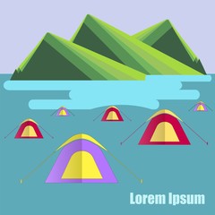 Flat design background with green mountain, blue lake, tent camp, Lorem ipsum stock vector illustration