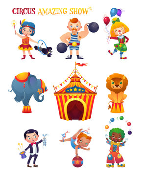 Circus Cartoon Characters Set. Clowness, strongman, trainer, elephant, lion, magician, acrobat, clown. Circus tent. A bright festive illustration for printing and children's holidays