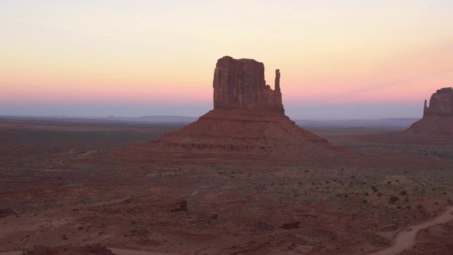 Panning view of Monument Valley at sunset.