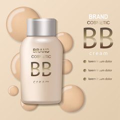 Tone skin BB cream bottle template, makeup mockup for magazine. Vector realistic 3d illustration.