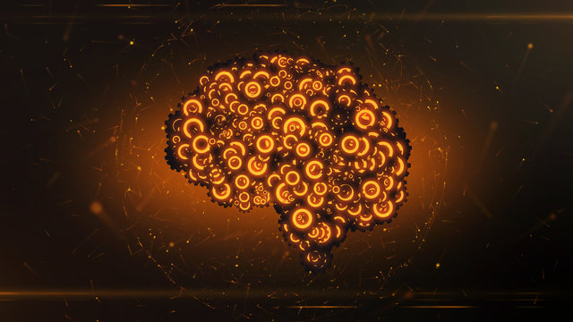 Glowing orange mechanical clockwork brain illustrating artificial intelligence - 3D render