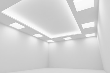Еmpty white room with square ceiling lights wide diagonal view