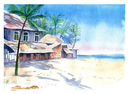 Palm trees, sea, landscape, watercolor