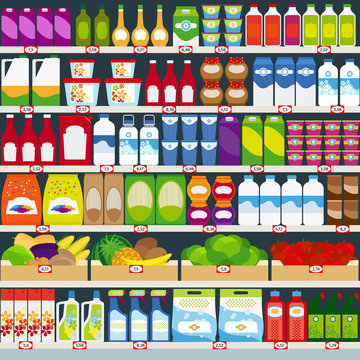 Store shelves with groceries background