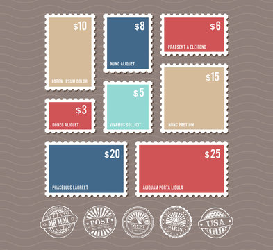 Blank postage stamps in different sizes and vintage postmarks vector set