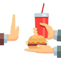 Stop fast food junk snacks vector concept with refusing hand
