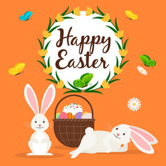 Happy easter rabbits and basket card