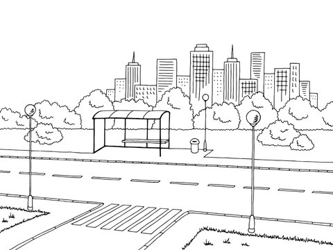 Street road graphic black white landscape sketch illustration vector