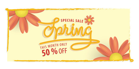 Spring yellow and orange flower 50 percent off heading design and yellow frame for banner or poster. Sale and Discounts Concept. Vector illustration.