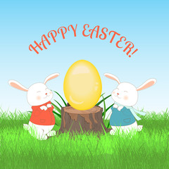 Happy Easter greeting card. Vector illustration. Cute rabbits with egg. Two pretty bunny with big egg on stump.