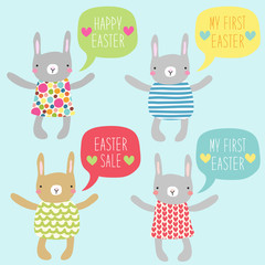 Obraz na płótnie Canvas Cute hand drawn card with Easter bunnies and hand written text