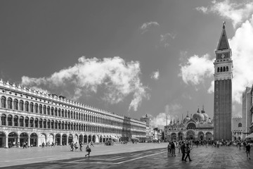 Beautiful black and white view of Piazza San Marco square in a moment of tranquility on a sunny summer day, Venice, Italy