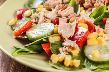 Fresh spinach salad with tuna, cucumber, corn, and red paprika on a plate