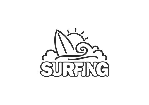 Vector illustration: Hand drawn line icon of Surfing with waves, surfboard and sun.