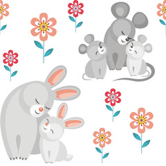Mother’s day seamless pattern. Children's vector background in cartoon style with the image of cute animals and their cubs.