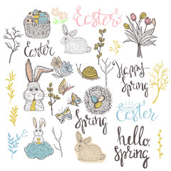 Easter set with easter eggs,bunny,flowers, butterflies,snail,tulips and lettering hand drawn on white background. Stock vector..