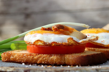 Fried eggs and bacon. tasty breakfast
