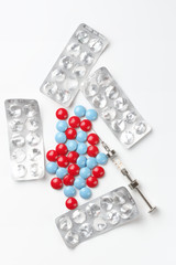 Colorful pills and syringe