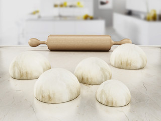 Fototapeta na wymiar Rolling pin and fresh doughs standing on white table. 3D illustration