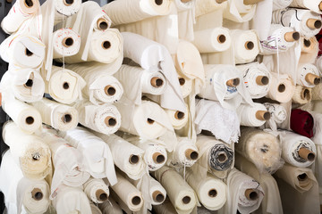 Fabric skeins in textile shop.
