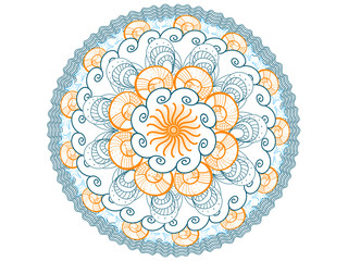 Summer mandala vector illustration with orange, blue, azure seashells and sea waves for coloring books, logos template