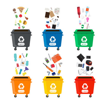  Many garbage cans with sorted garbage. Sorting garbage. Ecology and recycle concept. Trash cans isolated on white background. vector flat illustrations.