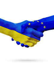 Flags Ukraine, European Union countries, partnership friendship handshake concept.