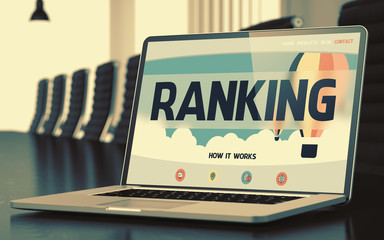 Ranking - Landing Page with Inscription on Mobile Computer Display on Background of Comfortable Conference Room in Modern Office. Closeup View. Blurred. Toned Image. 3D Render. - obrazy, fototapety, plakaty