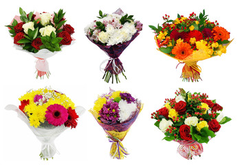 Set of Bouquet of colorful flowers isolated on white background