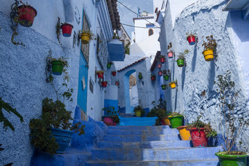 Beautiful Stairway with Flowerpots in the Medina of Chefchaouen