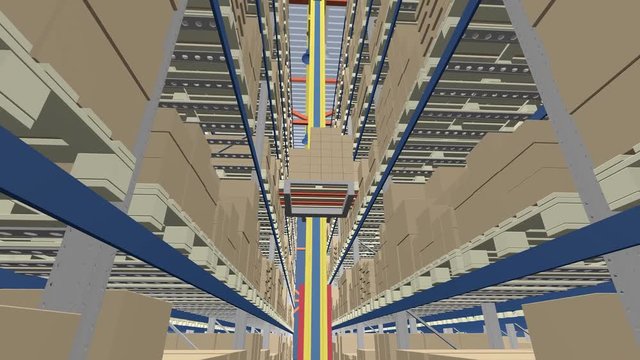 The robot loader carries boxes in the warehouse