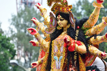 Immerse goddess Durga idol in ganges river during Durga Puja festival in Kolkata, India. Durga puja is the biggest festival in West Bengal.