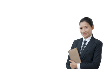 Woman wears business suit on white background