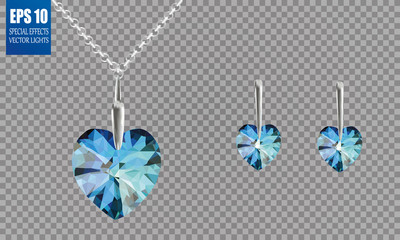 Set. Chain earrings, jewelry. Heart earrings, heart pendant. Beautiful blue stones.