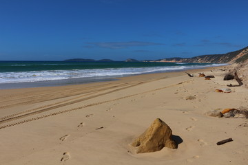 Fototapeta na wymiar Footprints in the sand along Rainbow beach cliffs in Queensland, Australia