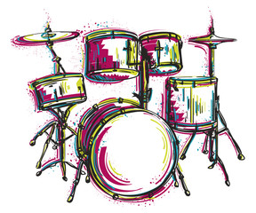 Drum kit with splashes in watercolor style. Colorful hand drawn vector illustration