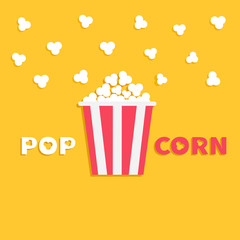 Popcorn popping. Red yellow strip box package. Fast food. Cinema movie night icon in flat design style. Yellow background with text.