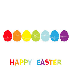 Rainbow color painted egg set line row. Happy Easter colorful text. Thread bow. Seven painting egg shell. Greeting card. Flat design style. Cute decoration element. White background. Isolated.
