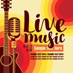 Naklejka premium vector music poster for a concert live music with the image of a guitar and microphone on the colored background