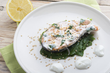 Salmon and spinach and Sauce yogurt