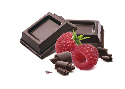 Chocolate square pieces raspberry isolated